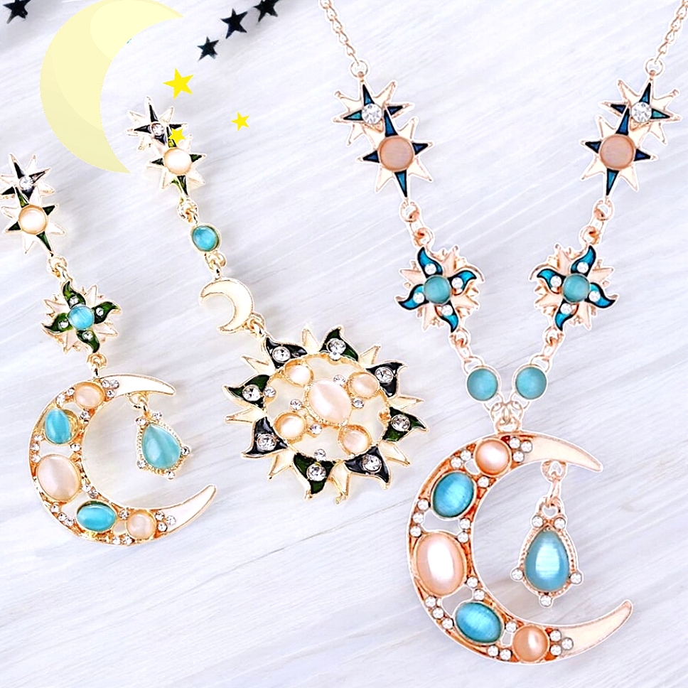 Gold Plated Teal Opalescent Crystal Moon Star Sun Necklace Earrings Set